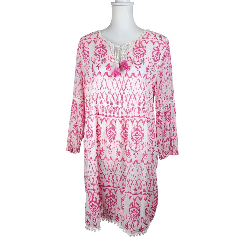 Tommy‎ Bahama Ikat Dress Womens L Pink White Cotton Tassel Coastal Casual Boho